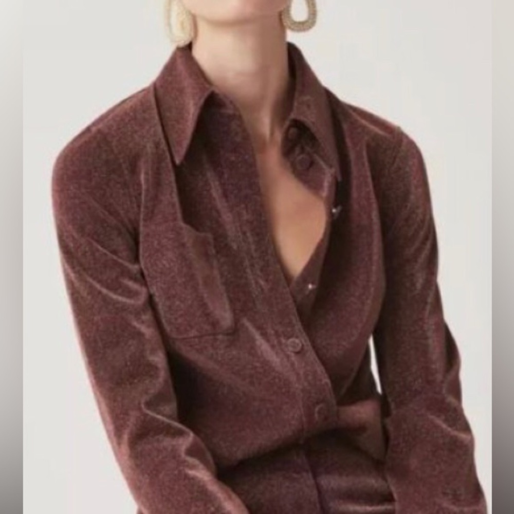 NWT H&M Studio Collection Rust Red Long Sleeve Glittery Metallic Jersey Shirt S